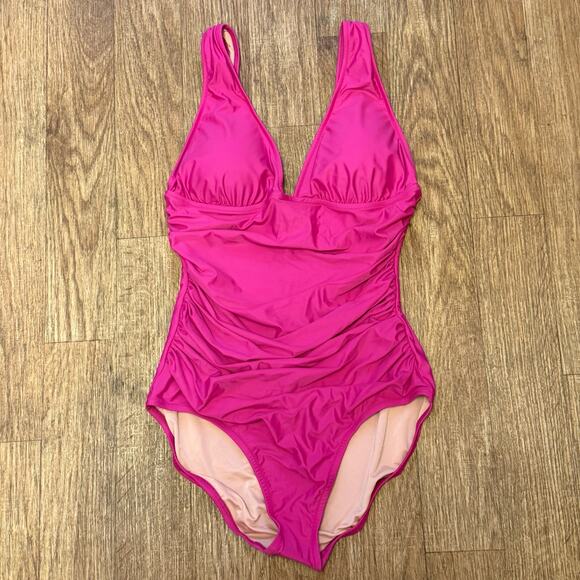 J. Crew Pink Ruched V-Neck One-Piece Size 14 - Picture 2 of 10